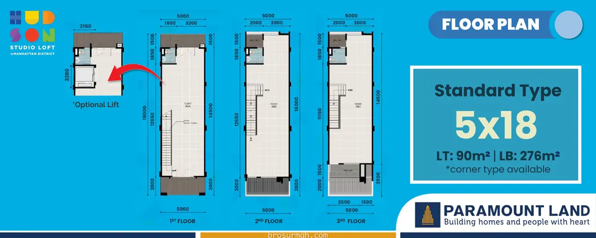 denah hudson studio loft standard 3 lantai 5x18